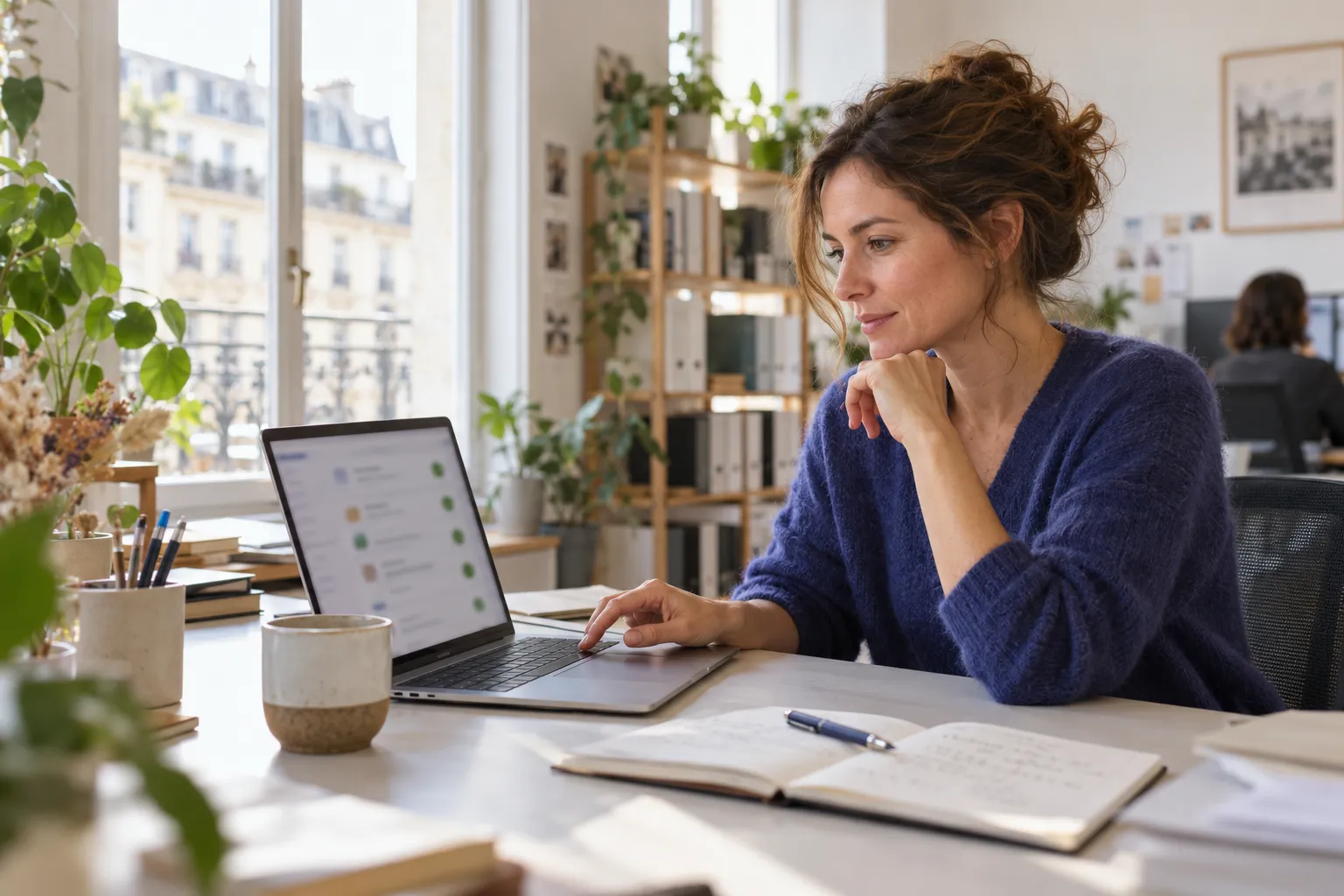 Une responsable d'agence valide sur son ordinateur portable les tâches préparées par un agent IA